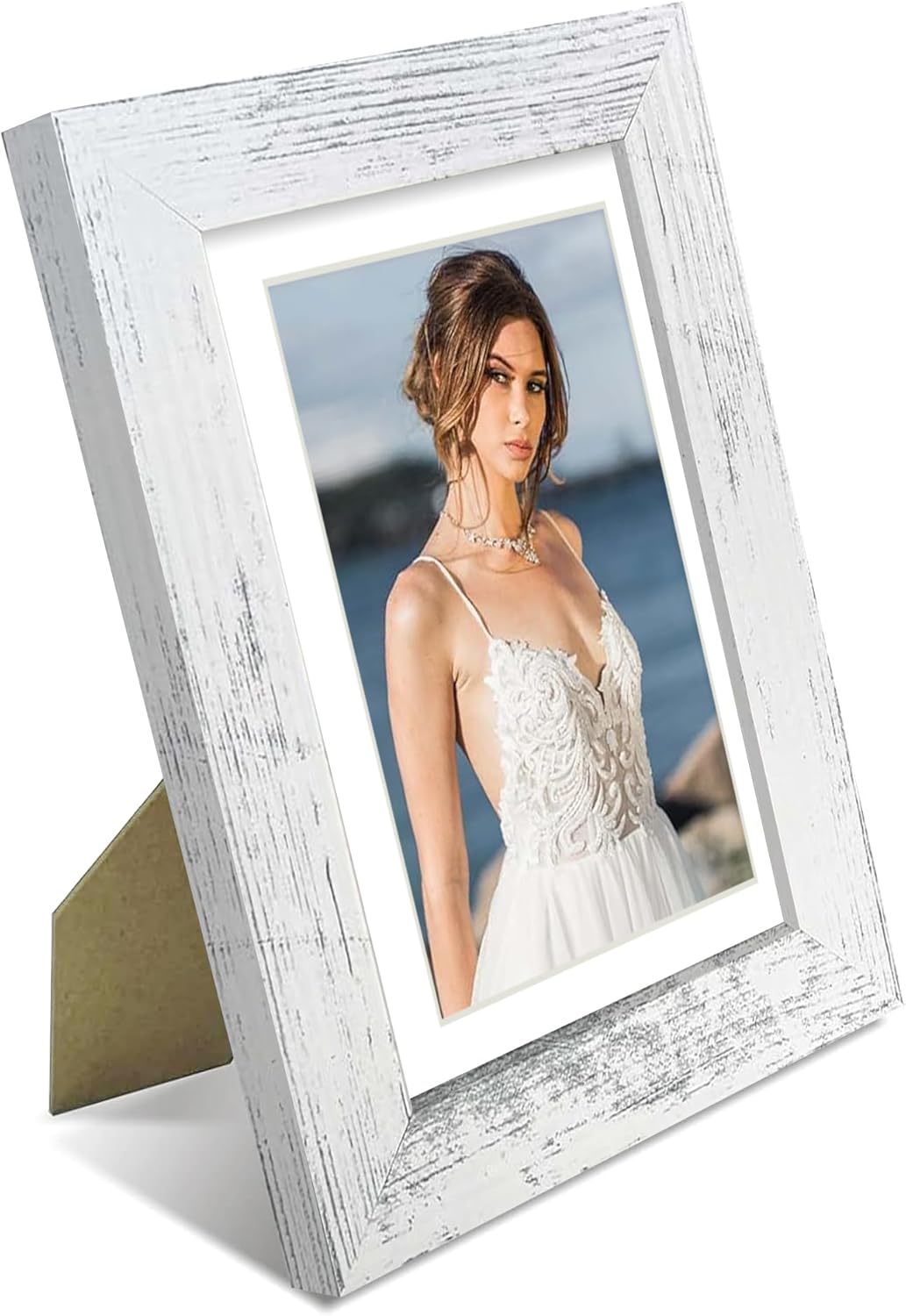 iRahmen 5x7 Picture Frame Set of 2, Distressed White Wood with Glass Photo Frame - Display Pictures 4x6 with Mat or 5 x 7 without Mat for Horizontal or Vertical Table top and Wall Mounting