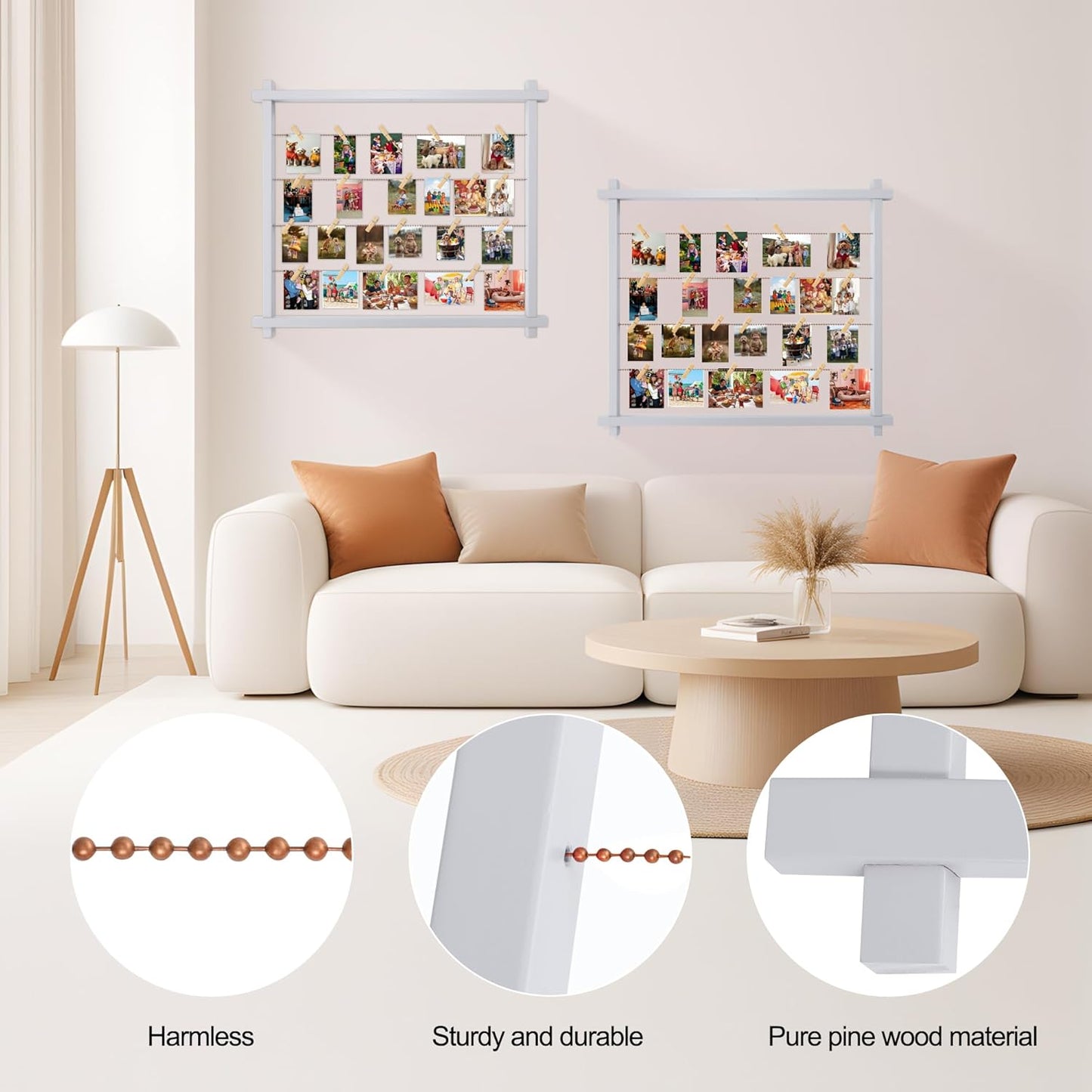 Collage Picture Frame for Nursery,Photo Display Board for Kids,Hanging Pictures Frames with Clips for Kid Graduation Birthday Party,Children Room Wall Decor,Upgraded,Easy To Assemble,(Gray White)