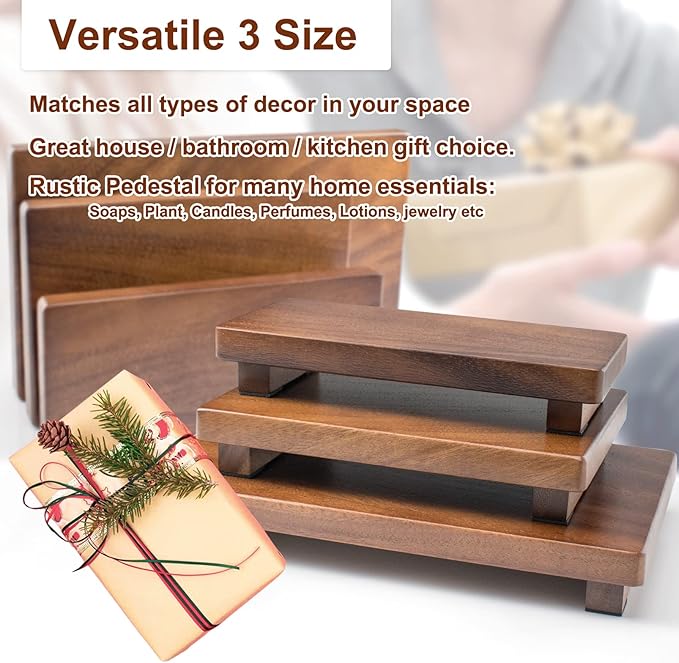 Walnut Wooden Pedestal Stand, Farmhouse Wood Tray for Kitchen Bathroom Counter Decor, Rustic Display Riser for Soap,Bottle,Plant Etc (Large & 12 x 7 x 1.57'')