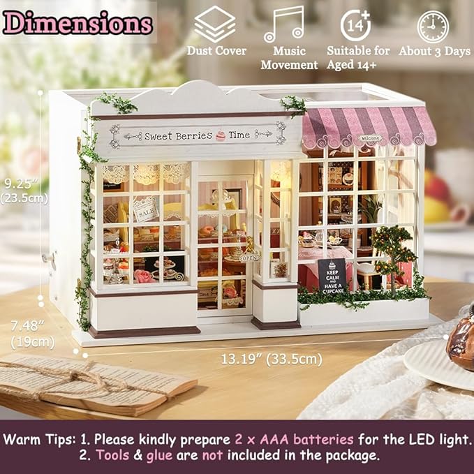 TuKIIE DIY Miniature Dollhouse Kit with Furniture, 1:24 Scale Creative Room Opened & Closed Wooden Doll House Plus Dust Proof & Music Movement for Kids Teens Adults(Sweet Berries Time)