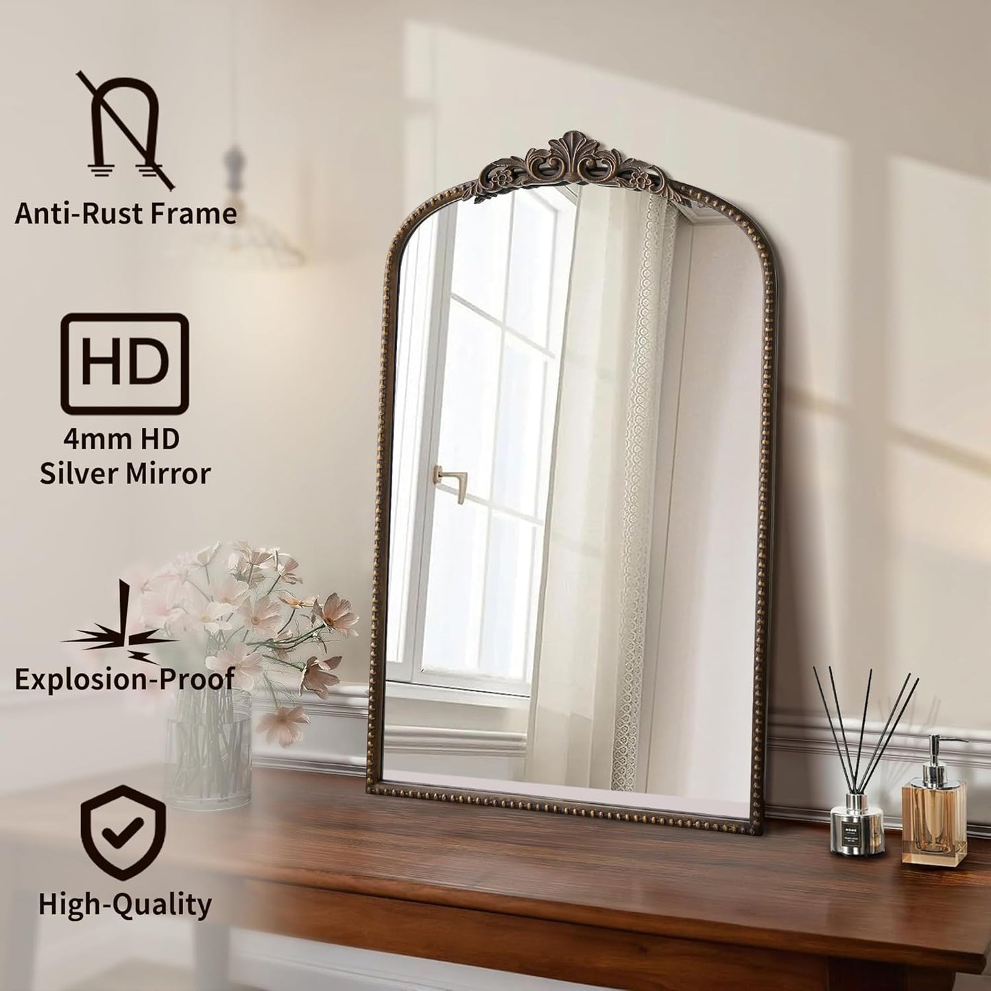 Micasso Vintage Arch Bronze Mirror: 31"x 19" French Baroque Antique Mirror - Traditional Ornate Decorative Mirrors for Wall/Bathroom/Entryway/Hallway - Home Decor for Living Room