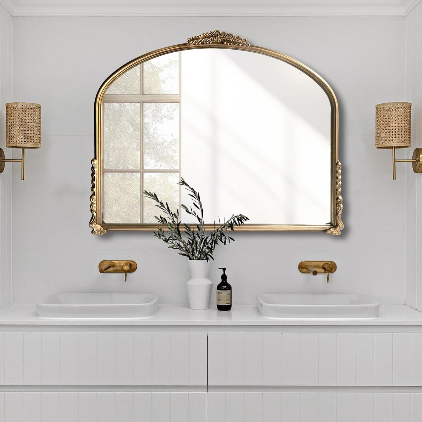 Gold Vintage Wall Mirror,Antique Wide Mirror Decor,Arched Big Mirror for Entryway/Bathroom/Fireplace 37"X29"