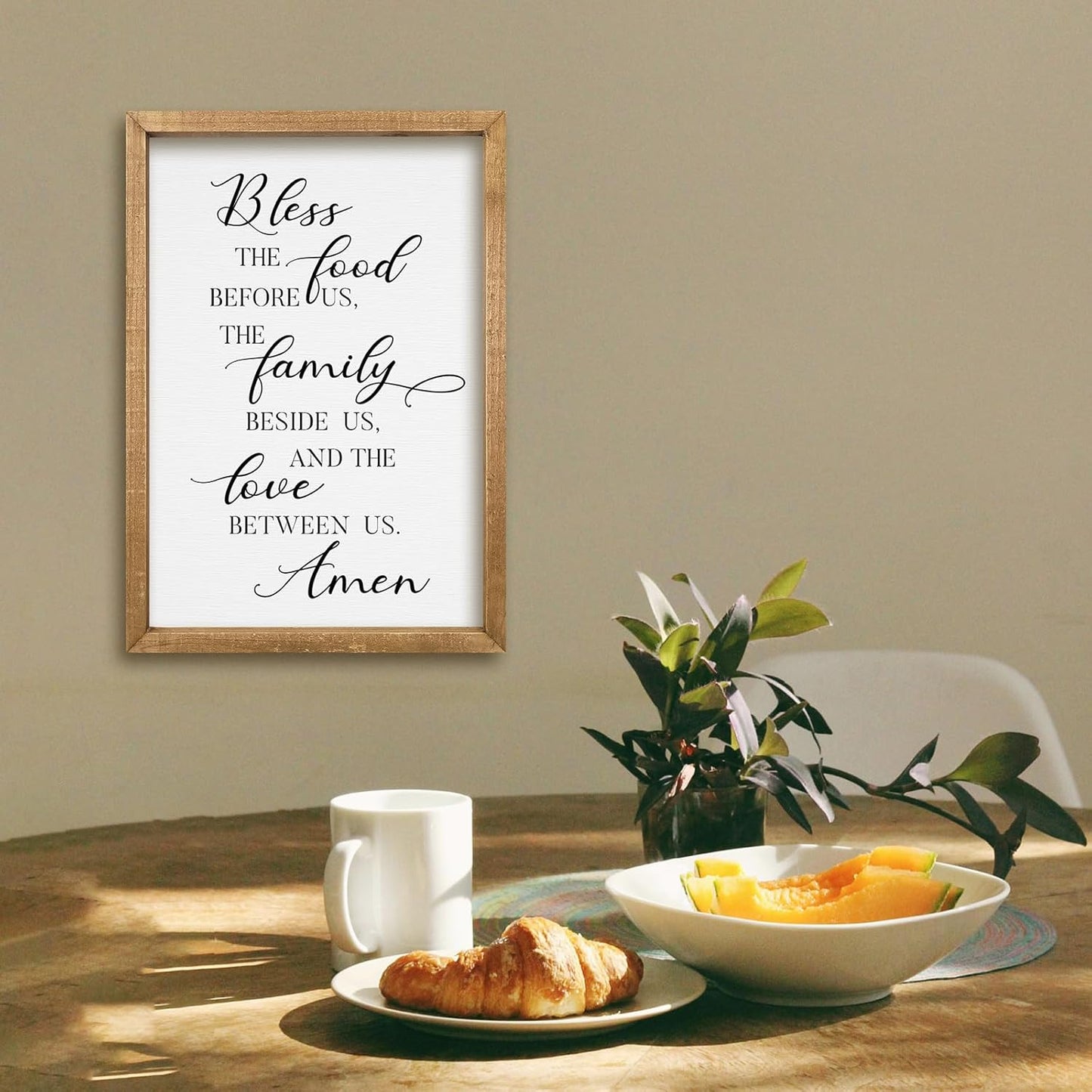 comurdyo Kitchen Wall Decor Bless the Food Before Us Prayer Farmhouse Christian Sign 16"×11" Framed Wood for Small Modern Religious Holy Dining Room Kitchen Plaque Wall Art Hanging (Wood)