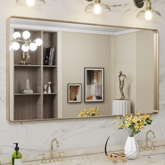 LOAAO 55”X30” Gold Bathroom Mirror, Rounded Rectangle Gold Frame Mirror, Brushed Gold Bathroom Vanity Mirror Wall-Mounted, Anti-Rust, Tempered Glass, Hangs Horizontally or Vertically