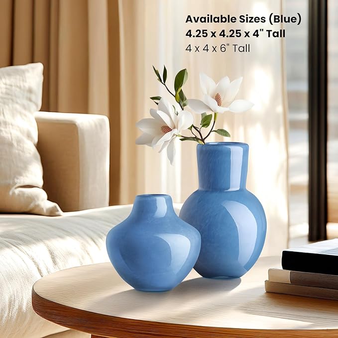 Torre & Tagus 4" Mouth Blown Art Glass Vase for Flowers - Opaque Blue Small Table Vase & Handmade Small Blue Accent for Coastal Home Decor, Neutral Bud Vases as Decorative Shelf Decor or Wedding