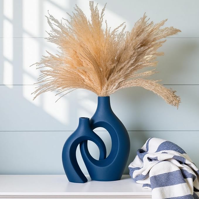 Snuggle Hollow Ceramic Vase Set of 2, 11Inch Nordic Modern Boho ins Style Decorative Ceramic Aesthetic Flower Vases for Home Decor Living Room Shelf Table Decorative (Matte Navy Blue)