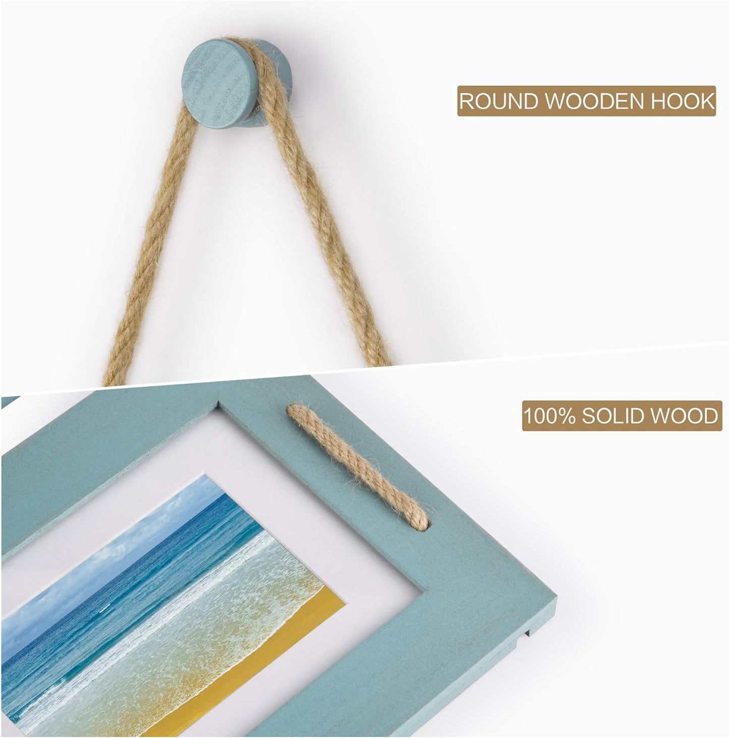 DLQuarts 5x7 Hanging Picture Frames Collage Wall Decor, 4-Opening 5x7 Matted to 3.5x5 Photo Rustic Wood Frame with Hemp Rope, 1 Pack, Ocean Blue