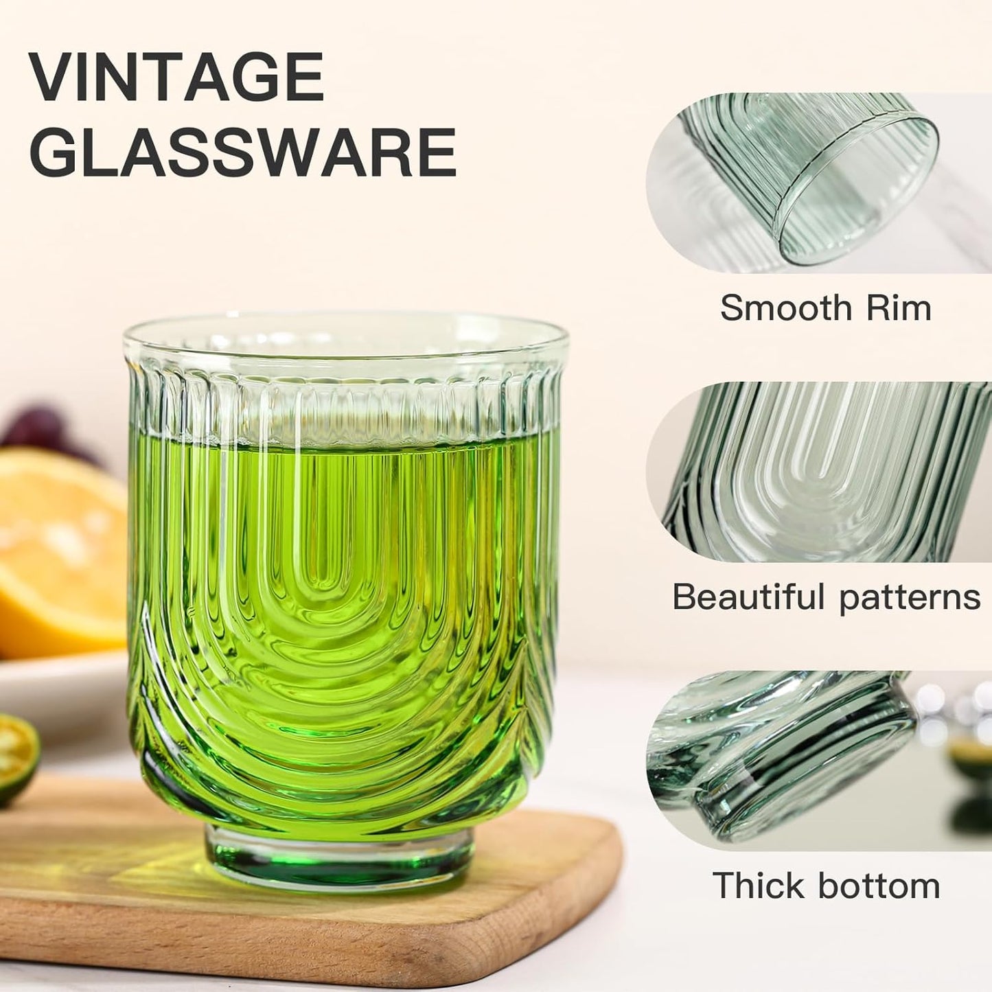 Green Vintage Glassware Set of 6-14Oz Green Water Drinking Glass, Art Deco Ripple Highball Glass, Whiskey Cocktail Glasses, for Bar Beverages Ice Coffee Juice, Housewarming Gifts