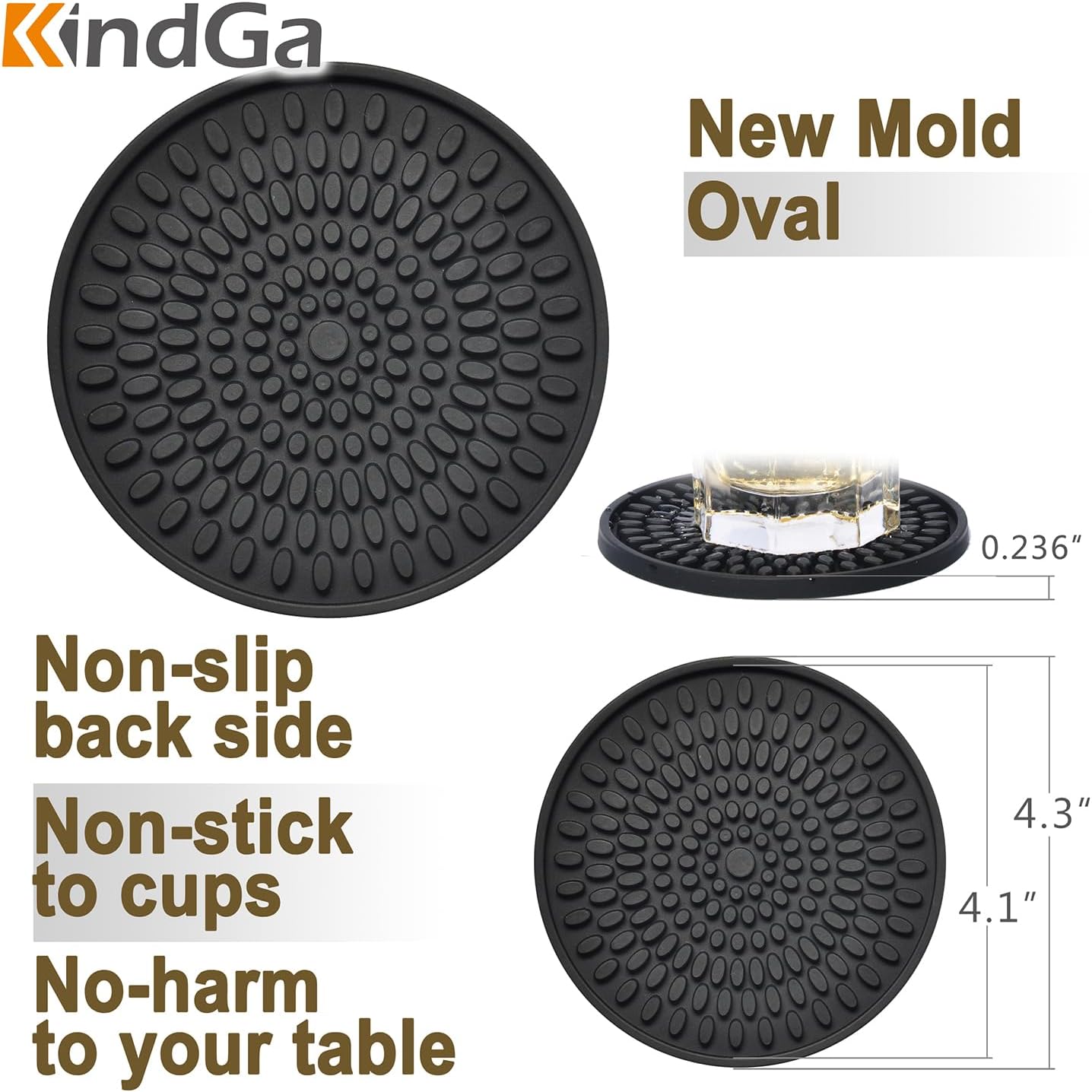 KindGa Coasters for Drinks Black, Absorbent Rubber Coaster Set, Silicone Drink Coasters for Large Mug/Cup/Bottle, Deep Tray 4.3 Inch Oval Shape Jar Opener Heat-Resistant Grips (Set of 8)