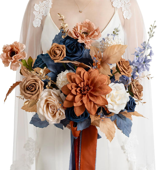Ling's moment Blue and Orange Wedding Bouquets for Bride, Navy Orange Bridal Bouquets for Bride, 13 Inch Free Form Artificial Wedding Flowers Bouquets