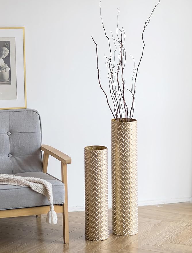 Sziqiqi Tall Gold Floor Vase: Set of 2 Woven Texture Metal Cylinder Vases Extra Large Decorative Standing Vase - 27.6/21.7in Vintage Vases Home Decor for Living Room Bedroom Home Corner Indoor Office