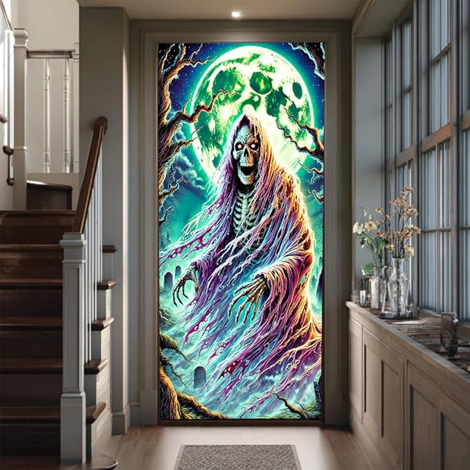 2D flat Ghost in Forest Door Cover Banner – Halloween Spirit Scary Door Decorations – Haunted Holiday Entryway Decor for Home 71x35 Inch