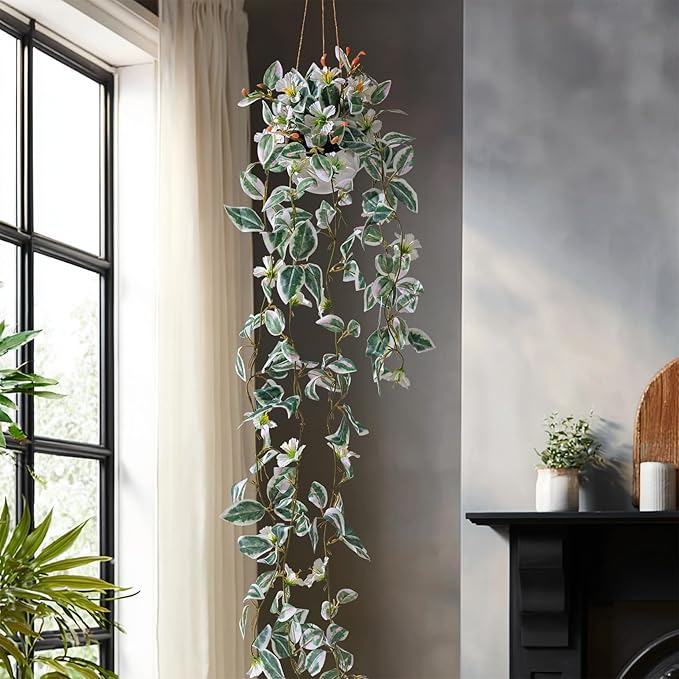 2PCS Artificial Hanging Plant with Pot Faux Hanging Plants Small Hanging Plants Pot with Artificial Vines and Flower Greenery Decoration for Living Room Wall Home Wall Shelf