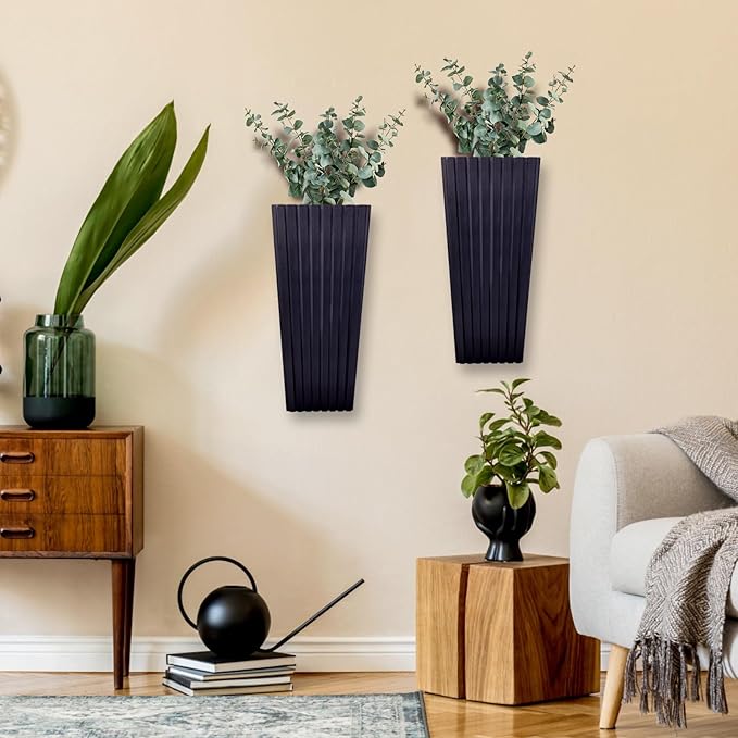 2PCS Wood Wall Planter for Indoor Plants, Wooden Hanging Planter for Dried Flowers and Artificial Greenery Plants,Wooden Pocket Vases,Modern Farmhouse Wood Wall Decor(Black)