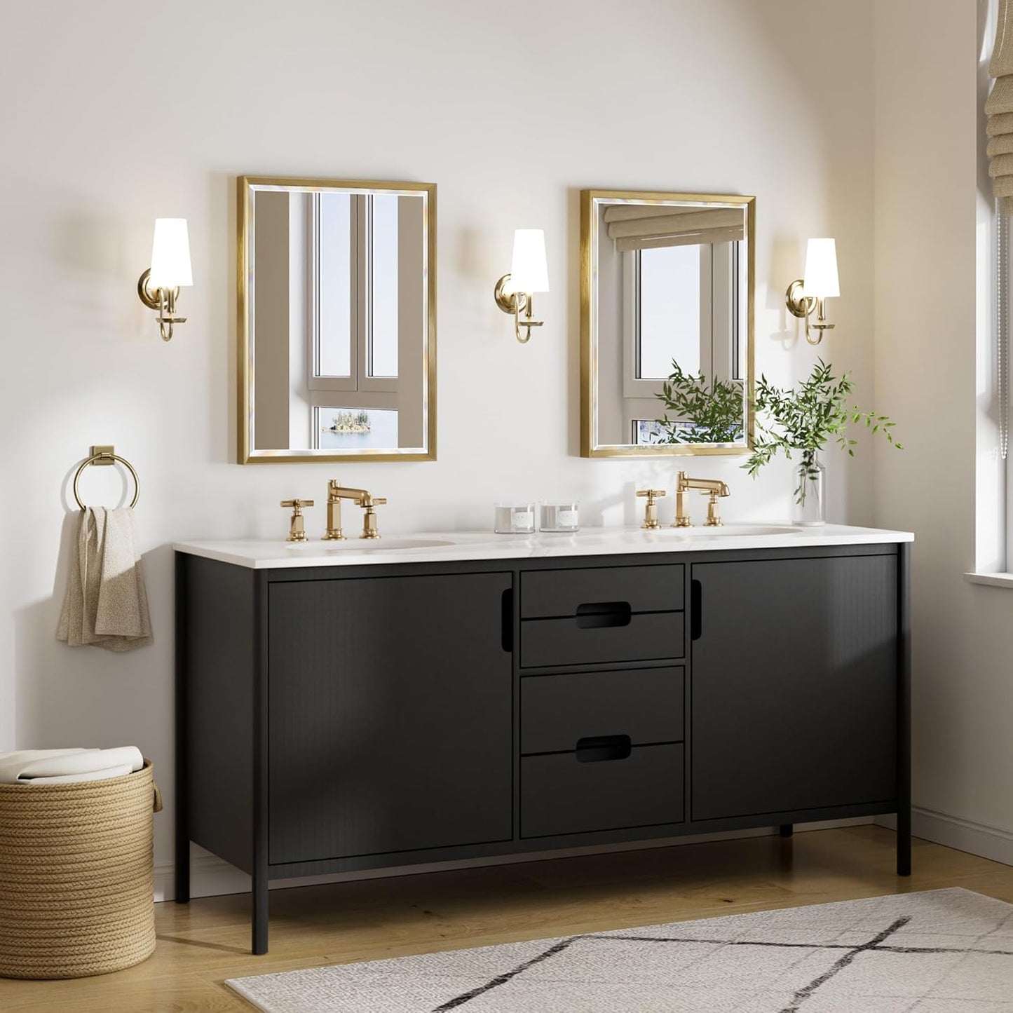 Gold Bathroom Mirror, 22x30 Brushed Gold Bathroom Mirror Beveled Edge, Gold Framed Rectangle Bathroom Vanity Mirror, Anti-Rust Brushed Brass Metal Frame Wall Mirror Vertical/Horizontal