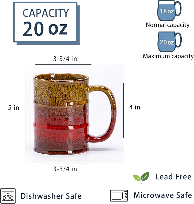 20 Oz Coffee Cups-Beer Mug, Large Ceramic Coffee Mugs, Handmade Pottery Mug, Tea Cups with Handle for Office and Home, Dishwasher and Microwave Safe (Yellow & Red)