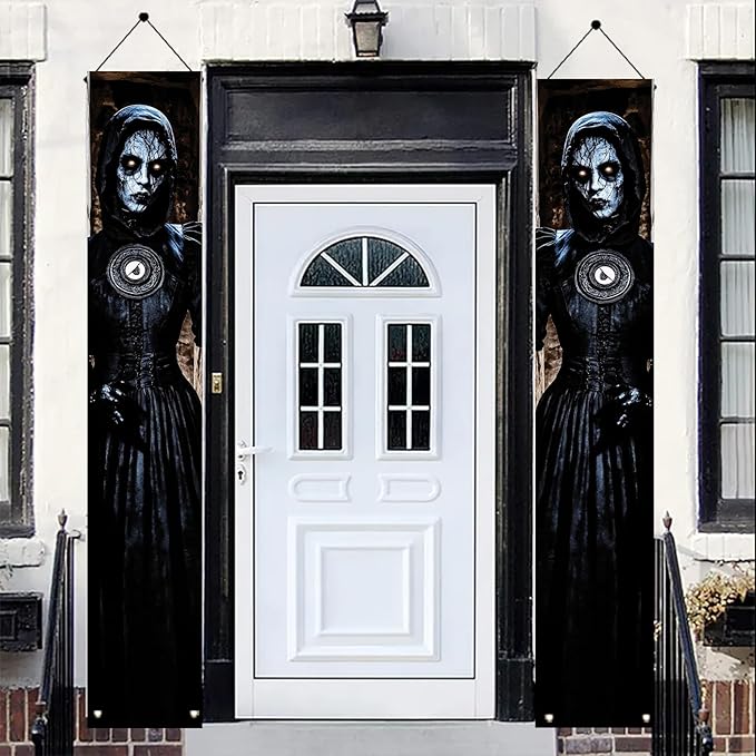2PCS Halloween Porch Banner Gothic Ghost Lady Vertical Hanging Decorations for Front Door Haunted House Scary Door Sign Spooky Wall Decor Creepy Entrance Party Backdrop 71 x 12 Inch