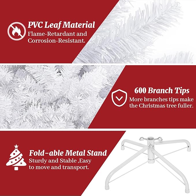ULICO 5ft Artificial White Christmas Tree,Premium Spruce Xmas Tree with 600 Branch Tips, Fake Christmas Tree with Foldable Metal Base Stand,Home, Office,Party Decoration