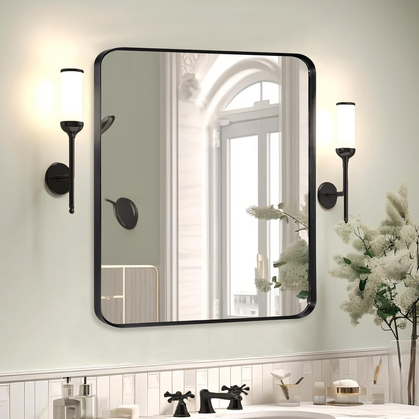 Black Metal Framed Bathroom Mirror for Wall, Brushed Matte Black Rounded Corner Rectangular Bathroom Vanity Mirror, Anti-Rust, Tempered Glass (30" x 36", Black)