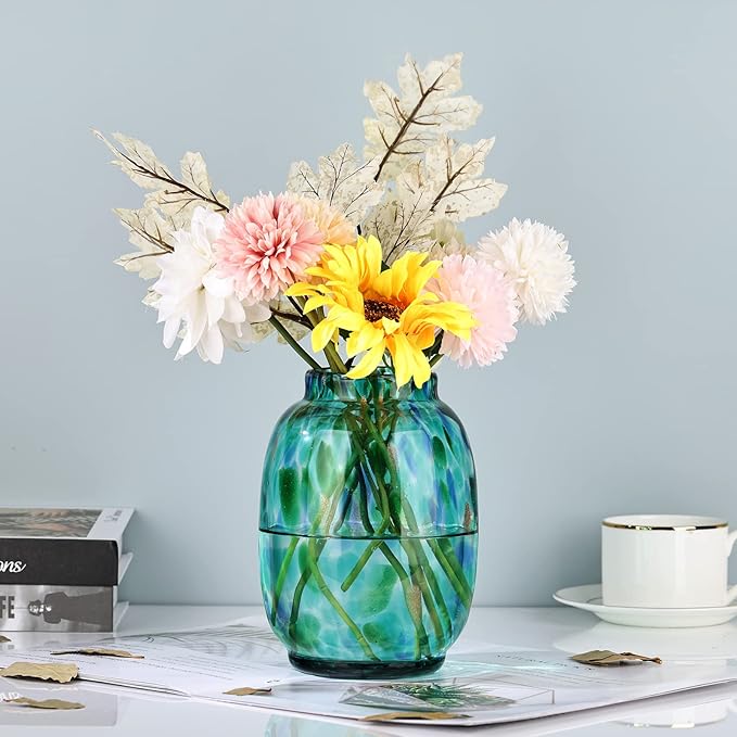 Blown Glass vase, Green Round Mouth vase, Modern Glass Art vase, Living Room Decorative vase for Living Room, Kitchen, Wedding, Dining Room Table, Office Centre Table with Flowers