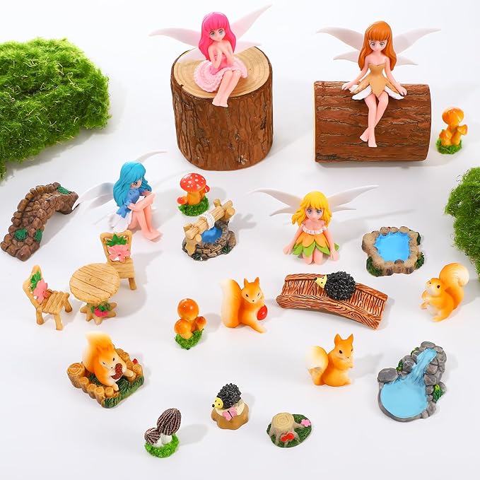 25Pcs Fairy Garden Accessories, Miniature Garden Ornaments Landscape Decorations Mini Fairy Figures Animal Plant Furniture Set for DIY Terrarium Potted Plants Dollhouse Desk Decor