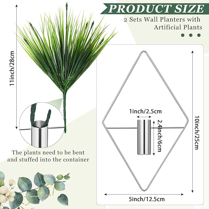 2 Pieces Wall Decor Hanging Planters with Artificial Plants Metal Hanging Vase Indoor Plants Holder Modern Boho Wall Art for Bathroom Bedroom Living Room Decor(Silver,Aquatic Plant)