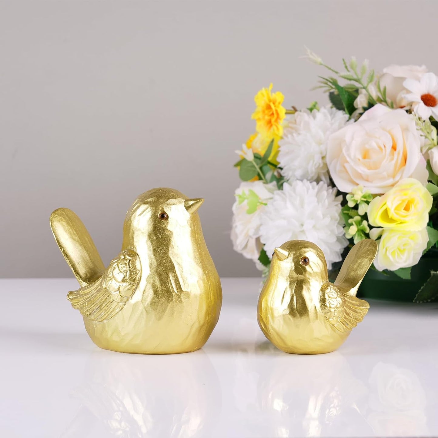 Gold Bird Decor - Small Bird Statues Modern Style Figurines for Living Room, Desk & Entryway, Cute Country Decor (Gold, 1B & 1S)