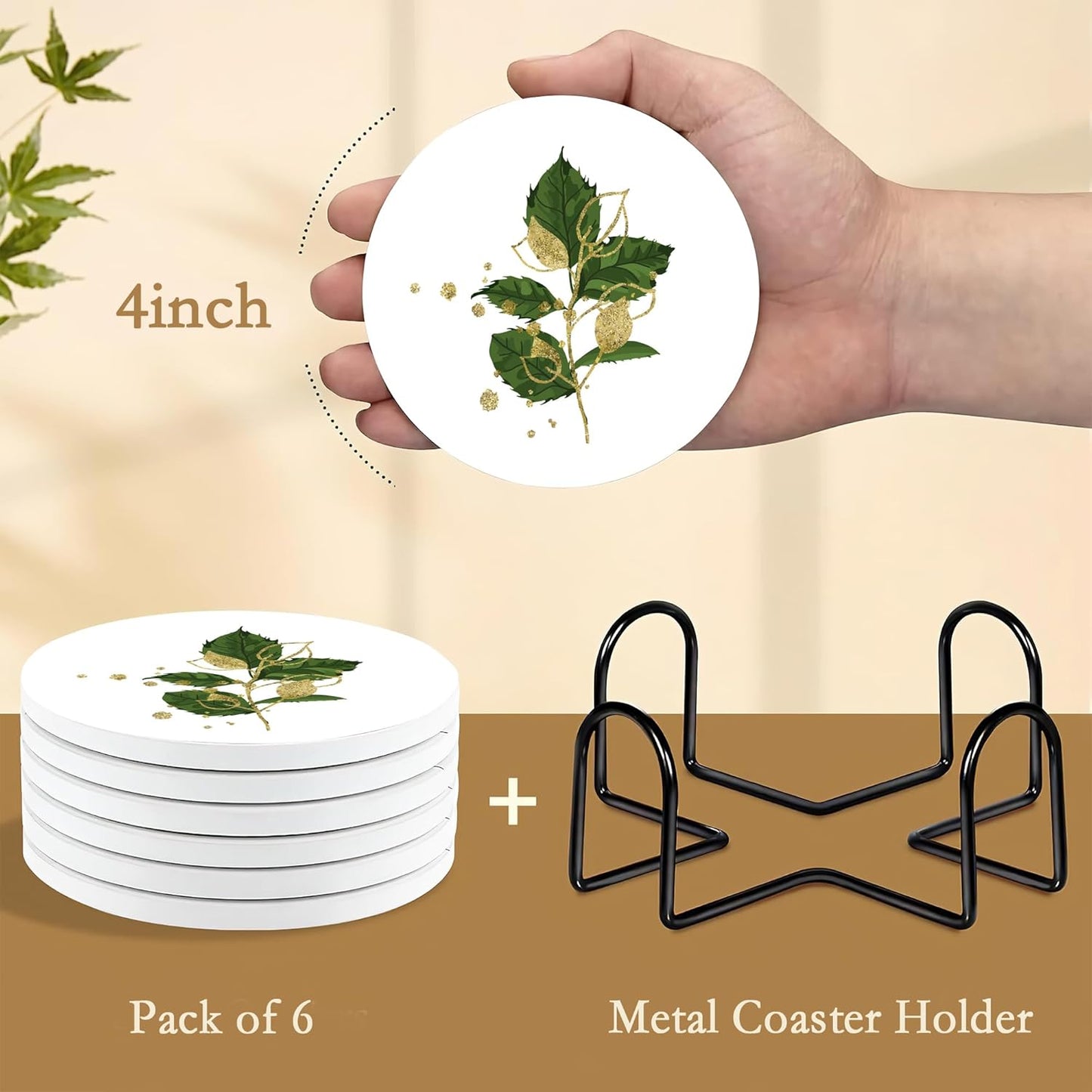 Coasters Set with Holder,Green Plants Absorbent Ceramic Coasters with Cork Base,Cute Funny Table Cup Mat 6 Pcs,Table Home Décor