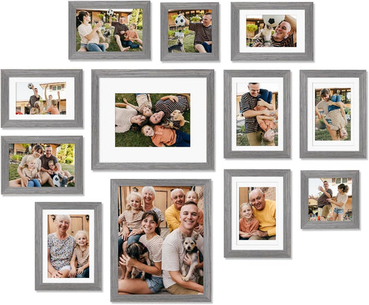 Egofine Picture Frame Set 12 Pack, Picture Frames Collage Wall Decor with Two 8x10, Four 5x7, Four 4x6, Two 4x4, Photo Frames for Wall and Tabletop, Made of Solid Wood, Covered by Plexiglass, Oak Grey