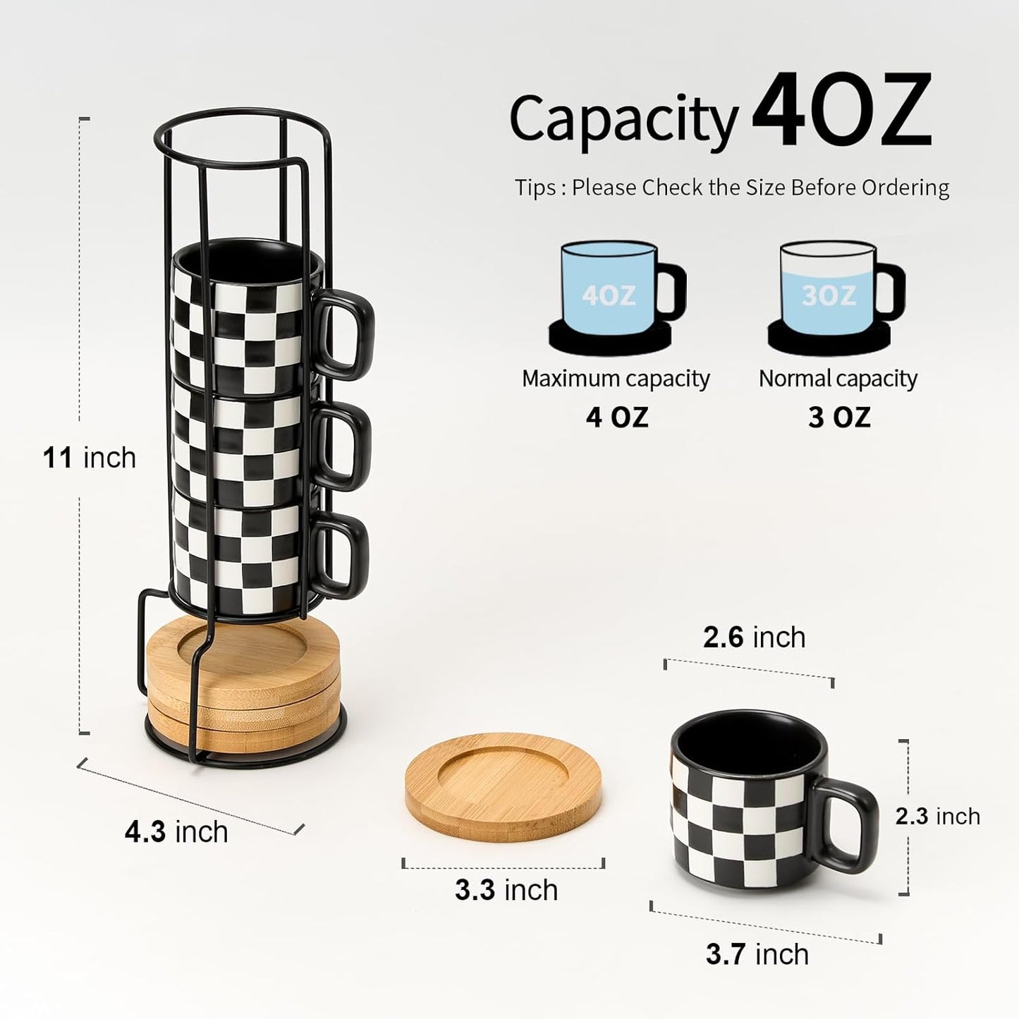 LUKA Porcelain Stackable Black and White Checkered Espresso Cups with Saucers and Metal Stand, 4 Ounce Small Ceramic Demitasse Cups Set for Coffee Drinks, Latte, Tea - Set of 4, Black Interior