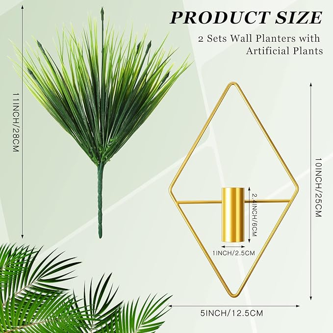 2 Pieces Gold Wall Decor Hanging Planters with Artificial Plants Metal Vase Indoor Plants Holder Modern Geometric Wall Art for Home Bathroom Bedroom Living Room Office(Aquatic Plant,Small)
