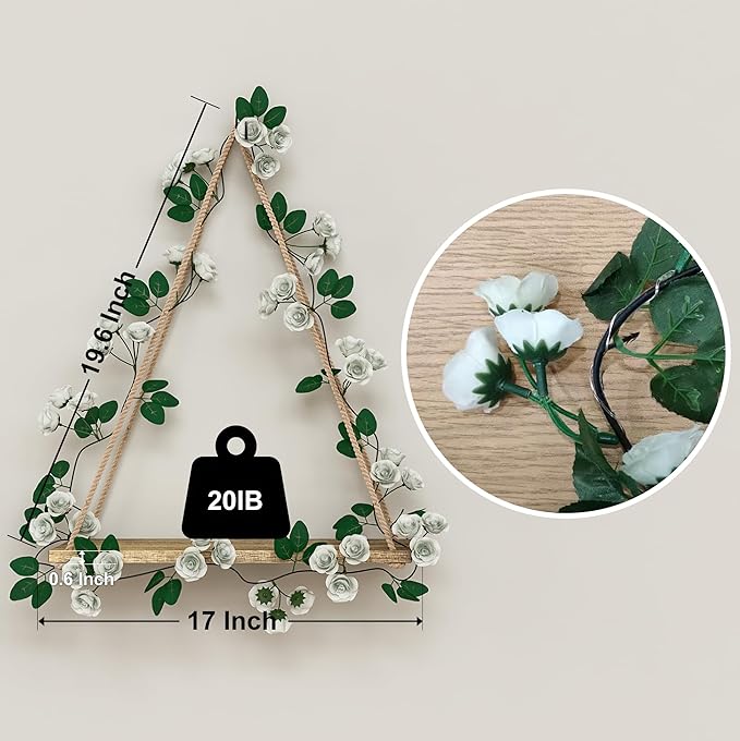 Triple Artificial White Flower Garland with LED-Strip Wall Hanging Shelves Set of 2, Boho Shelves for Wall Décor, Macrame Wall Shelf for Bedroom Bathroom Living Room Kitchen (No Battery Included)