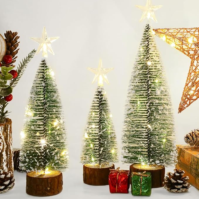 3Pcs Mini Christmas Tree for Table Decor Little Xmas Tree with LED Light for Table Centerpieces Tiny Bottle Brush Tree with White Snow for Home Indoor Tabletop Christmas Decoration