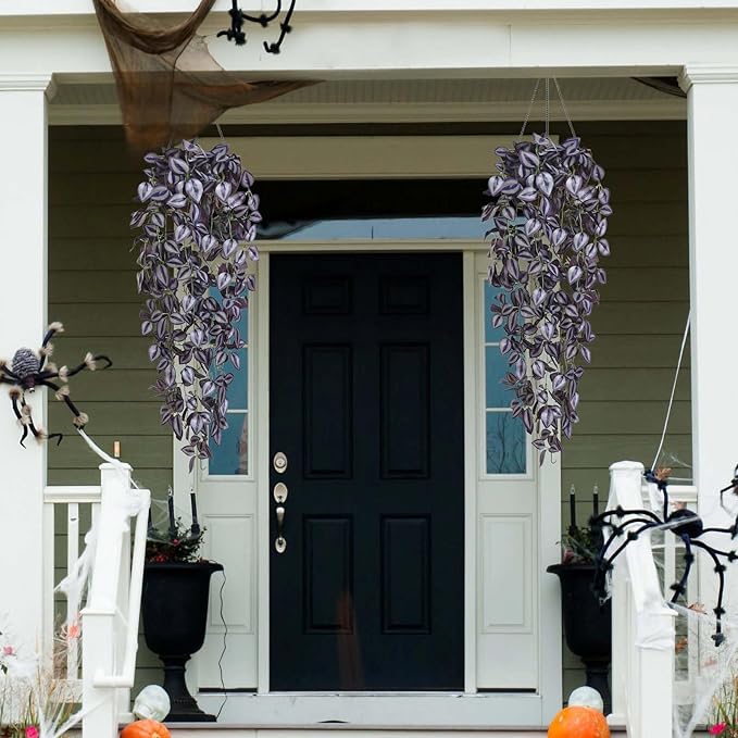 BLEUM CADE Fake Hanging Plants, 4pcs Artificial Hanging Plant, Faux Deep Purple Vines Hanging Plant for Wall Home Living Room Indoor Outdoor Halloween Decor (No Baskets)