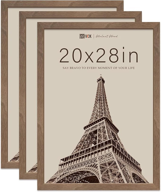 VCK 20x28 Poster Frame 3 Pack - Brown Walnut, Exclusive Natural Wood Grain Solid Wood Picture Frame, Wall Hanging