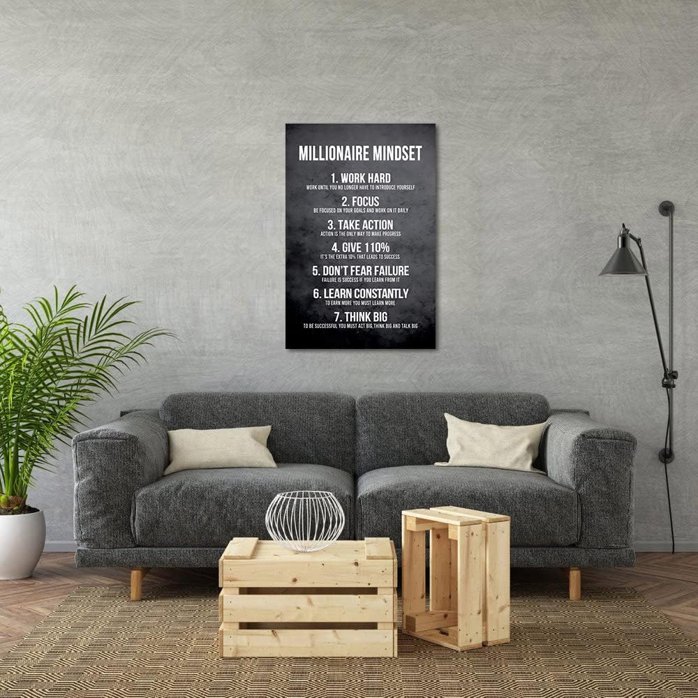 Millionaire Mindset 7 Rules Motivational Wall Art Inspirational Canvas Prints Positive Quotes Poster Success Artwork Office Picture Wall Decor Modern Home Decoration Framed- 24 x 36 inch