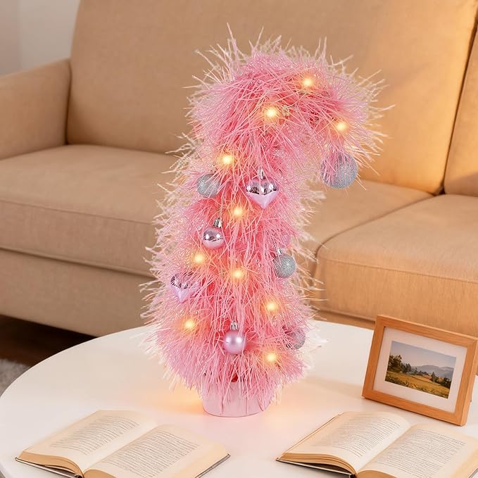 16 inch Pre-Lit Mini Christmas Tree with Ornaments Included, Pink Whimsical Artificial Tabletop Tree for Home, Office Desk & Holiday Decor