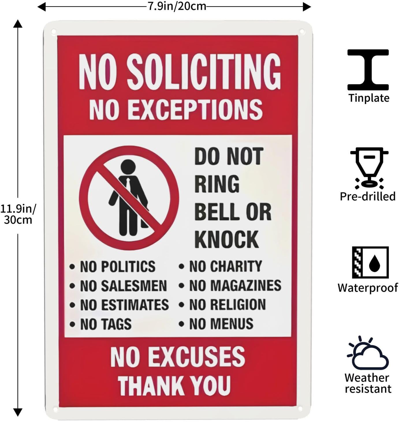Funny 'No Soliciting No Exceptions' Metal Sign - Rust-Free Aluminum, Weatherproof, Easy Install with Pre-Drilled Holes - for Home & Business Doors, 8"x12"