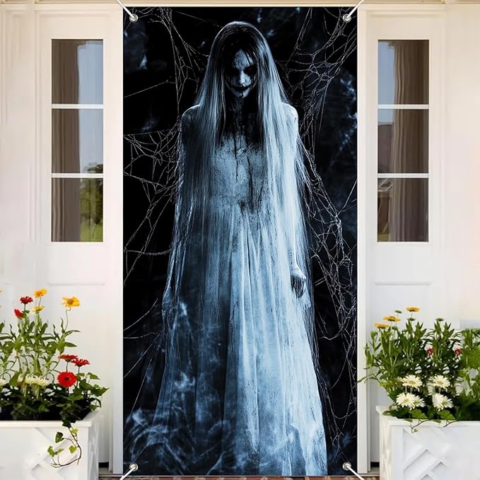 Halloween Door Cover 71x35 Inch Front Porch Door Banners Decoration Spooky Ghost Spider Web Fall