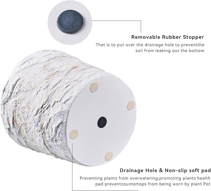 Ekirlin 7 Inch Natural Ore Textures Plant Pot, Resin Outdoor Planters with Drainage Hole, Removable Rubber Stopper and Non-Slip Soft Pad,Weatherproof Decorative Pot for Indoor/Garden Plants