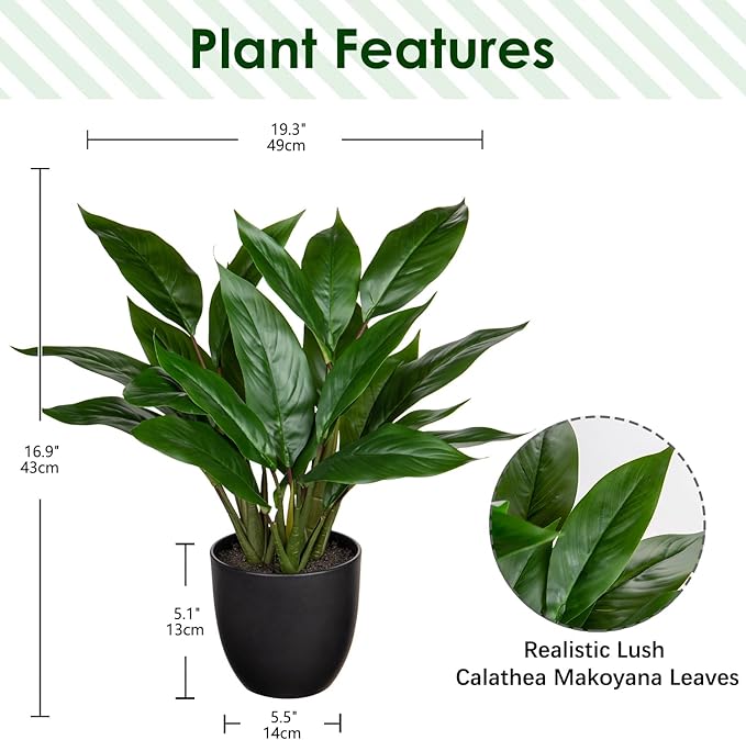 Fake Plants 17'' Faux Plants Artificial Potted Plants Indoor Realistic Fake Cast Iron Plant Artificial Plants with Pot for Home Office Farmhouse Kitchen Bathroom Table Shelf Decor