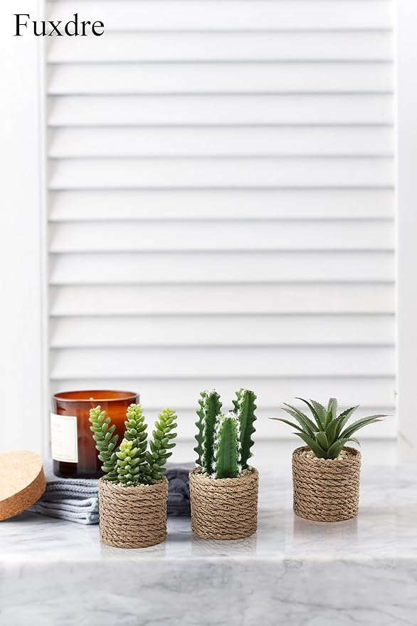 3-Pack Artificial Succulent Plants in Vintage Plastic Pots - Fake Waterproof Succulents Decor for Home, Office, Desk, Shelf - Low Maintenance Indoor Greenery for Bathroom, Living Room, Table Decor