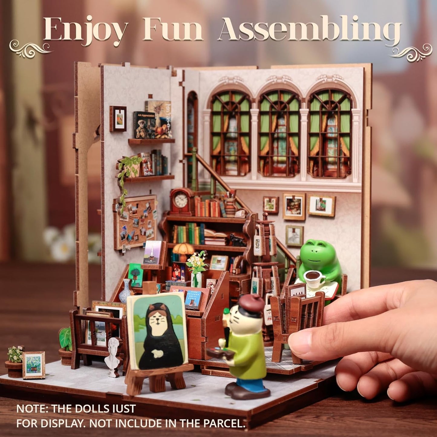 Cutefun Book Nook Kit - DIY Miniature Dollhouse Kit for Adults and Teens, 3D Wooden Puzzle Library Mini House Building Kit with LED Bookshelf Insert Decor Creative Gifts (Gallery Bookstore)