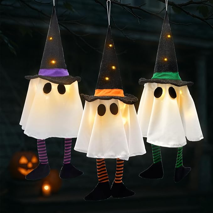 3 Pack Halloween Hanging Ghost Lights with Glitter Hats, Battery Powered Halloween Decorations Outdoor Indoor, LED Floating Ghost Decor for Porch, Tree, Yard & Window, Indoor Outdoor Decoration