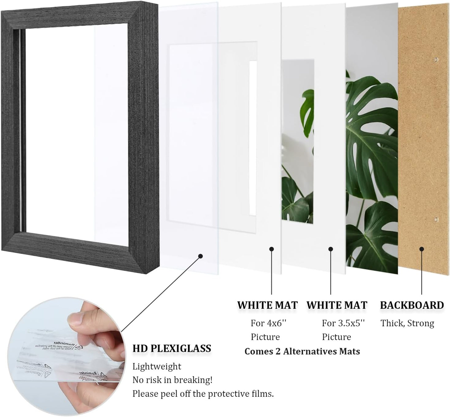 Egofine 5x7 Picture Frames Set of 4, Made of Solid Wood Covered by Plexiglass 3.5x5 and 4x6 with Mat or 5x7 without Mat, for Table Top Display and Wall Mounting Photo Frame Rustic Black