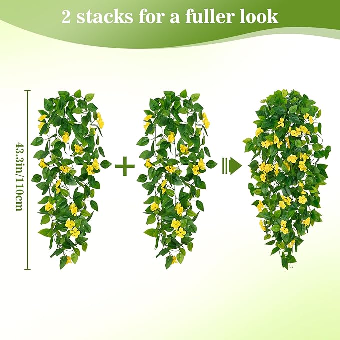 BLEUM CADE Artificial Hanging Flowers for Outdoors, 2pcs Fake Hanging Plants Pothos Vines with Yellow Flowers for Wall Home Living Room Indoor Outdoor Decor (No Baskets)
