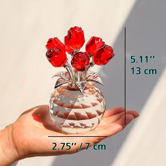 Crystal Red Rose Figurines Gifts for Women, Glass Bouquet Ornament for Mother's Day Birthday Christmas Ruby Collectible Flowers Anniversary Floral Presents for Her (Red)