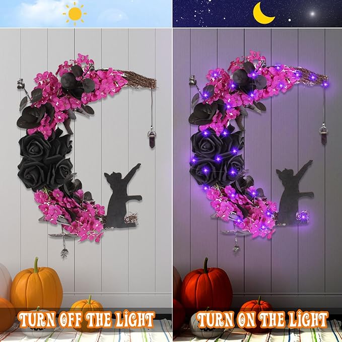 Halloween Wreaths For Front Door, Flower Moon Cat Halloween Home Decoration, Halloween Family Gathering Decoration Wreath，Outdoor, Wall, Closet, Fence, Wreath Halloween (Rose Red)