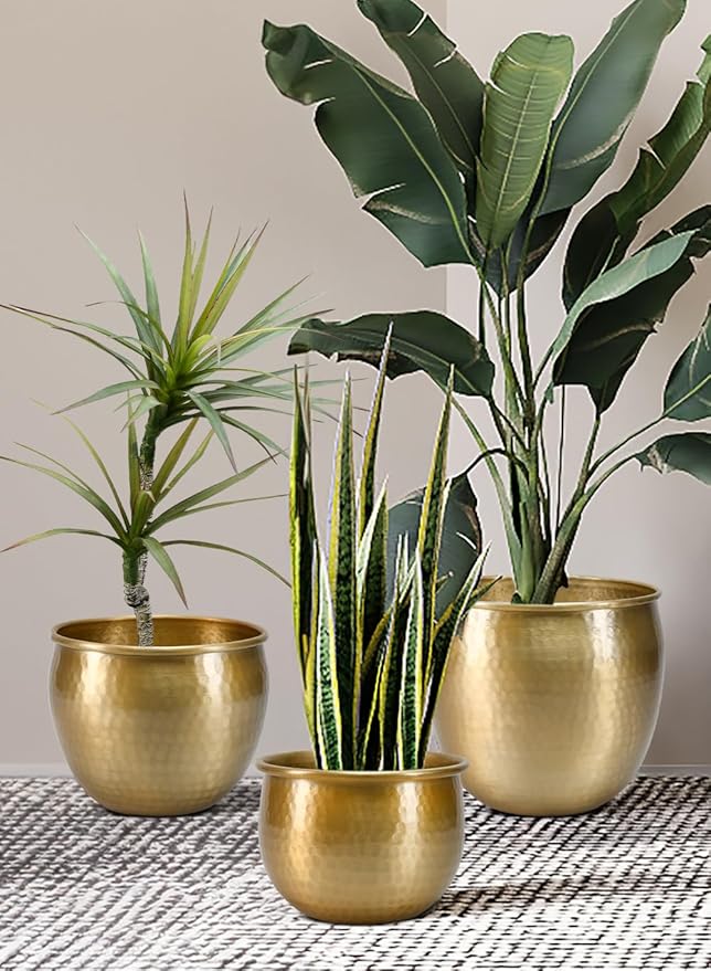 Serene Spaces Living Gold Brass Look Vintage Aluminum Vase - Perfect Decorative Accent for Plants, Weddings, and Events, Metallic Pot for Home, KIT - Small, Medium and Large