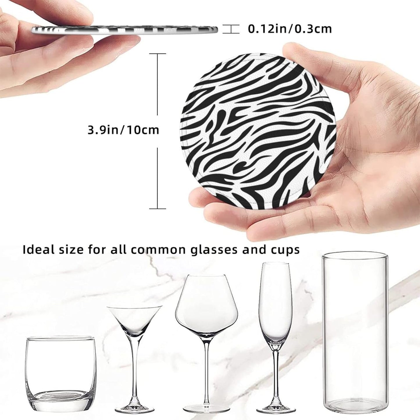 Drink Coasters with Holder Stand Set of 6, Zebra Stripes Print Pu Leather Absorbent Coasters with Cork Base Table Round Coaster for Housewarming Apartment Kitchen Bar Decor